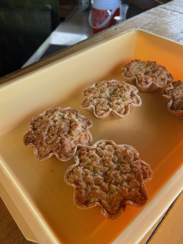 "In einer gelben Tupperbox sind Boku Pies, in Blumenform"