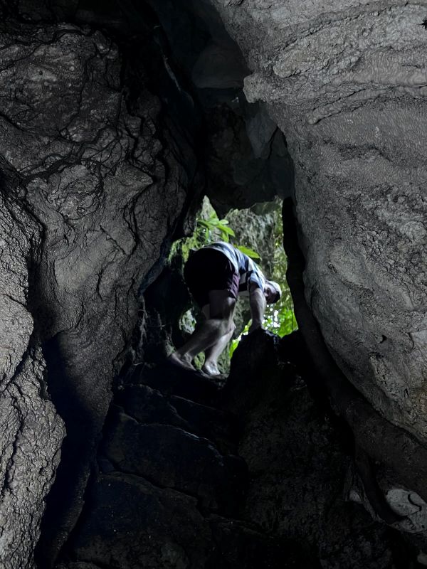 "Ich klettere aus der Höhle hinaus und blicke über meine Schulter in die Kamera."