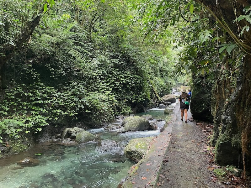"Sophia wandert den Weg entlang. Neben ihr ist ein Fluss, in dem sich einige Felsen befinden. Alles ist grün."