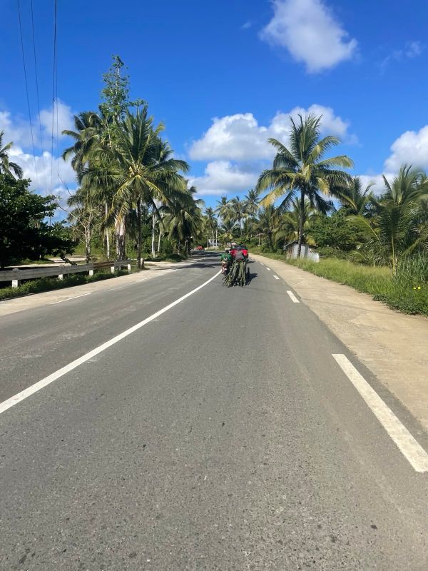 "Auf der Straße fährt ein Moped mit Beiwagen, auf dem zwei Männer sitzen. Am Beiwagen werden einige Bambuspflanzen transportiert."