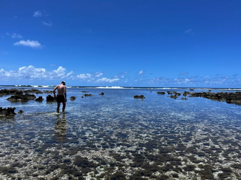 "Ich wate in Badehose und mit Kappe durch das knöcheltiefe Wasser. Man erkennt einige kleine Felsbrocken, die aus dem Meer ragen. Der Himmel ist blau und das Wasser ist voller kleiner Grasbüschel."