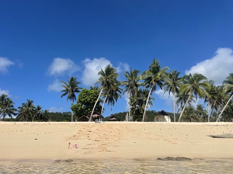 "Der weiße Sandstrand von Pacifico. Der Himmel ist blau und einige Palmen bewegen sich im Wind. Im Sand steckt ein Holzlöffel und eine rosa Kaffeetasse."