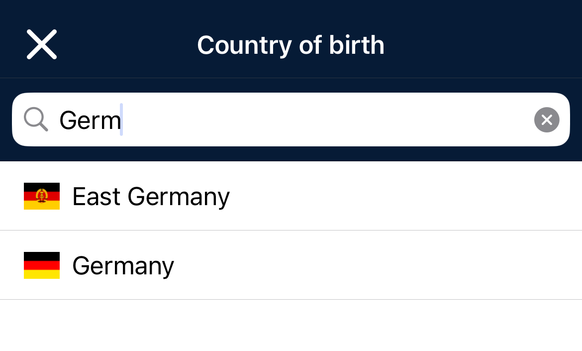 Die Länderauswahl zeigt eine Suche, bei der die ersten Anfangsbuchstaben von Germany eingegeben wurden. Die gefilterte Liste zeigt "East Germany" und "Germany"