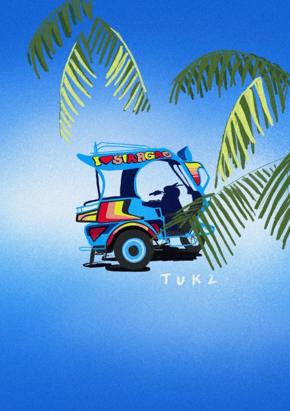 "Eine Illustration von einem bunt-bemalten Tuktuk. Das Tuktuk ist blau und das bunte Muster ist rot, orange und gelb. Am Dach steht "I love Siargao". Die Illustration wird noch durch einige grüne Pflanzen verziert."