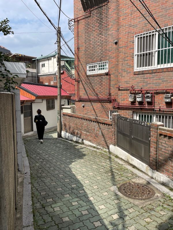 "Eine kleine verwinkelte Gasse neben einem roten Backsteinhaus, an dessen Ende Sophia um die Ecke geht."