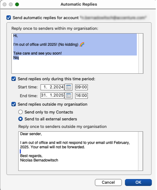 Der Abwesenheitsnotizdialog von Microsoft Outlook zeigt eine Nachricht "Hi, I'm out of office until 2025! (No kidding!). Take care and see you soon! Niq" und eine Startzeit zum 1.2.204 und eine Endzeit zum 31.1.2025