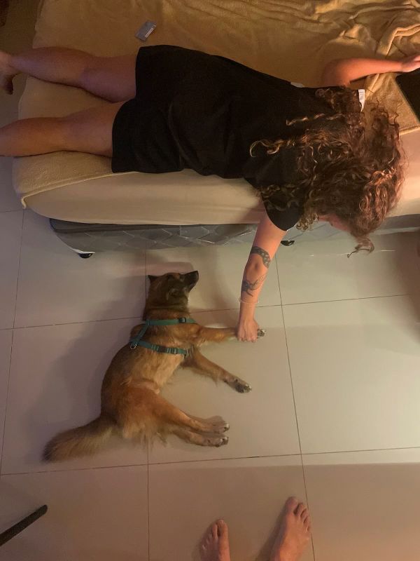 "Sophia liegt mit dem Bauch auf den Bett und hält Händchen mit Brownie, der am Fliesenboden liegt."