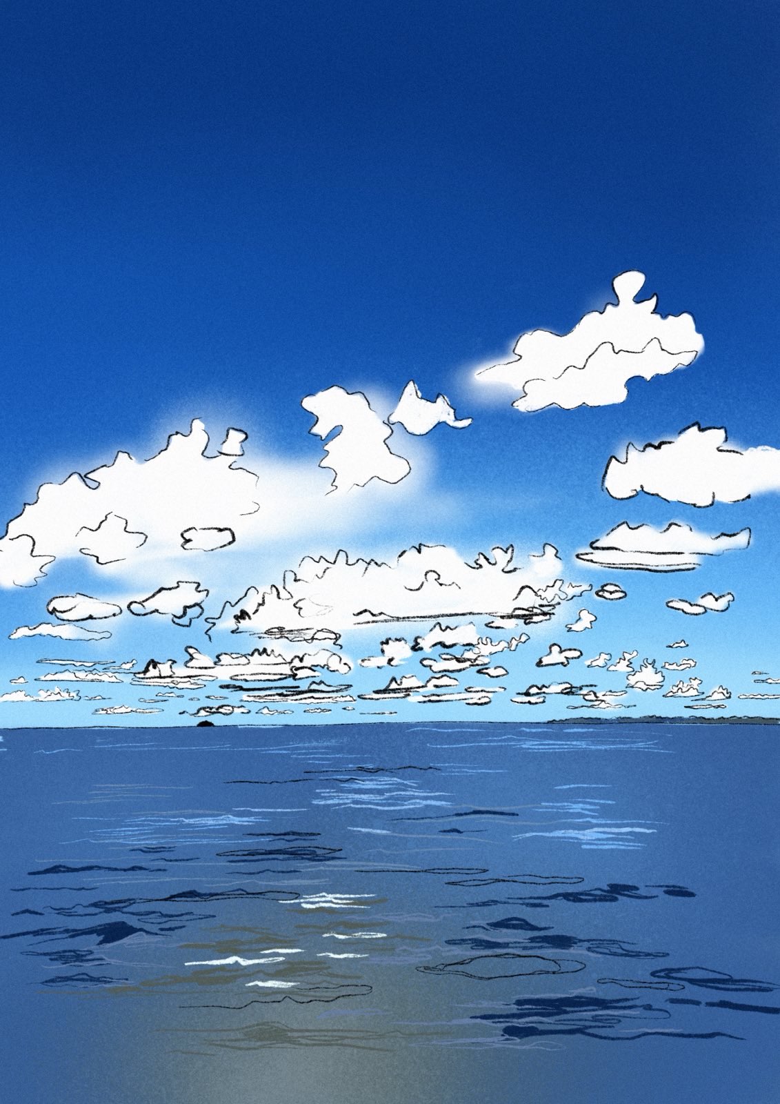 "Eine digitale Zeichnung vom blauen Meer, darüber sind weiße Wolken. Ein helles Schimmern ist über den Wogen des Meeres zu sehen. Das Bild hat Sophia gezeichnet."