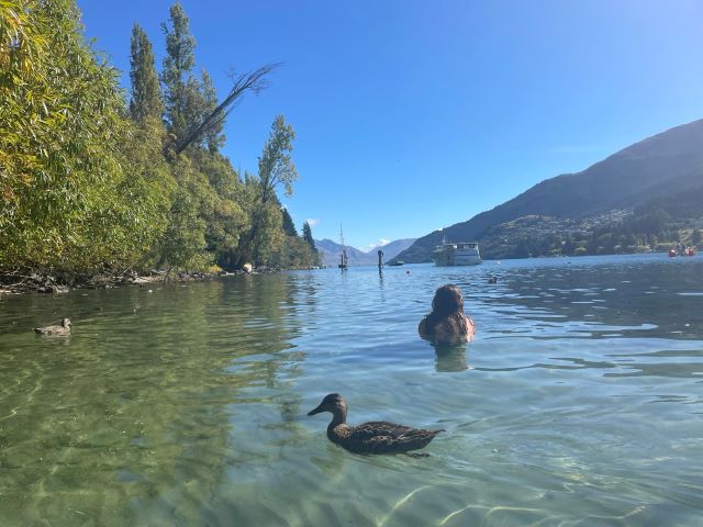 "Ein durchsichtiger See auf dem zwei Enten schwimmen. Links am Ufer sind einige Bäume sichtbar. In der Mitte des Bildes schwimmt Sophia im See und dahinter erkennt man ein Schiff."