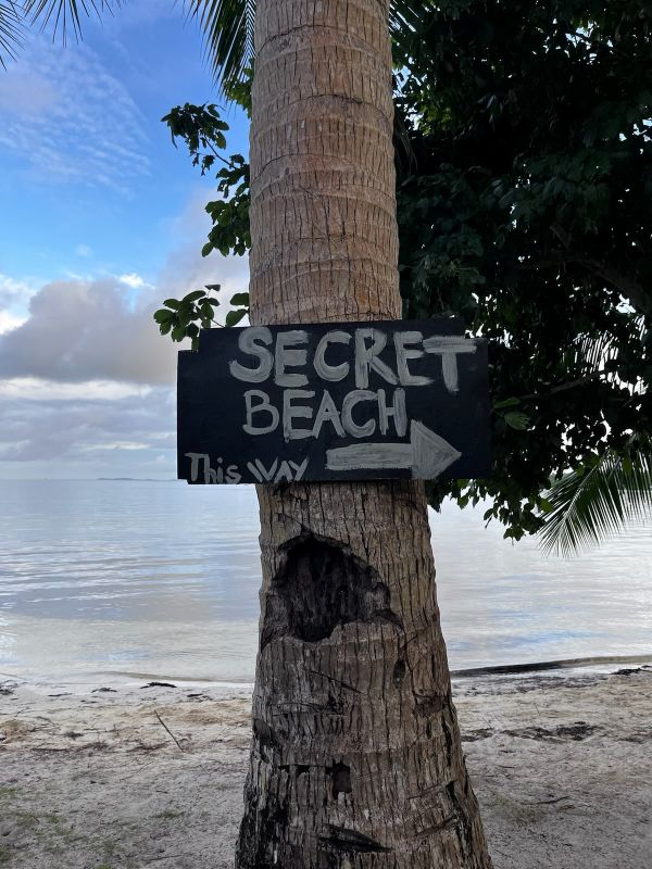 "An einer Palme ist ein schwarzes Holzschild montiert. Darauf steht "Secret Beach, This Way" und ein Pfeil, der nach rechts zeigt."