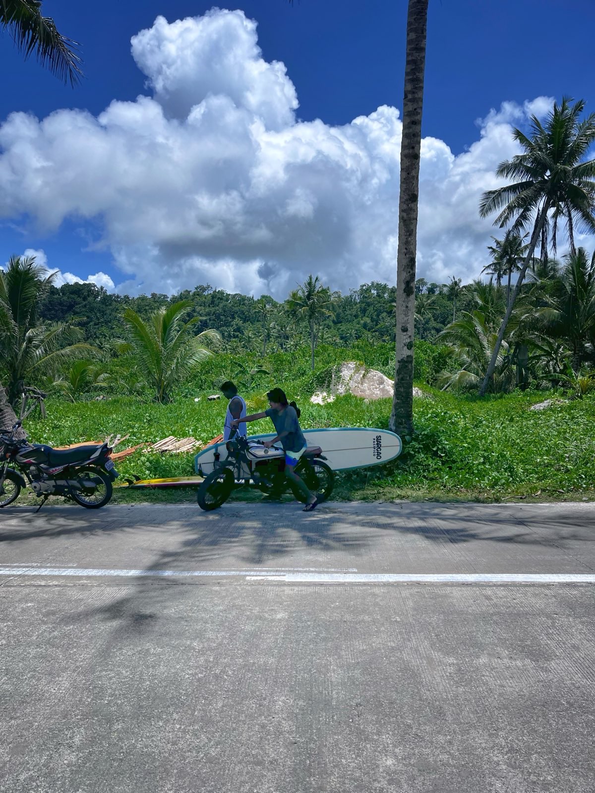 "David parkt sein Motorrad im Schatten eines Palmenbaums. Er transportiert ein langes Surfbrett mit weißer Oberseite. Neben ihm im Schatten steht Ambum. Hinter den beiden ist grüne Landschaft voller Kokosnusspalmen"