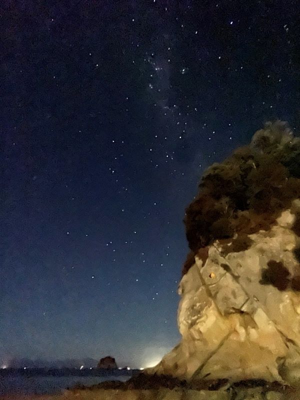 "Der Nachthimmel am Kaiteriteri Beach zeigt das Band der Milchstraße. Darunter ist ein beleuchteter Fels und das Meer."